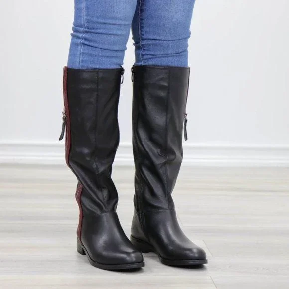 Black Below Knee Rider Boots Light Faux Fur Inside - Picture 9 of 12